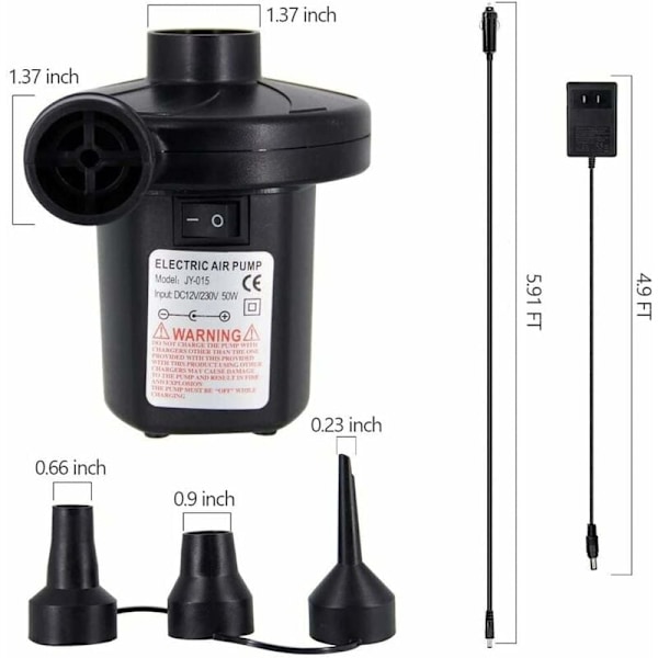 Elektrisk Luftpump, 2-i-1 Uppblåsningspump för Snabb Uppblåsning och Tömning, Hög Volym Lågt Tryck, 3 Munstycken, Inomhus- och Utomhusbruk, Resevänlig