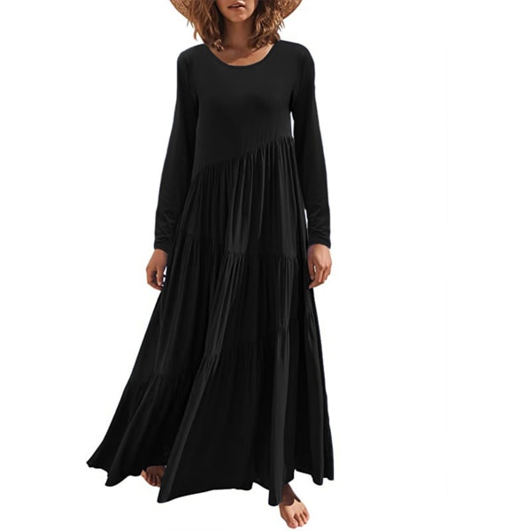 Women Crew Neck Maxi Dress Long Sleeves Loose Pure Color High Waist Causal Layered Beach Long Dress for Vacations Dates Black L