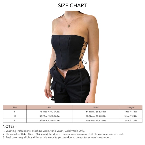 Women Boob Tube Top Side Tie Sleeveless Strapless Polyester Fiber Slim Fitting Pure Color Stylish Top Black L