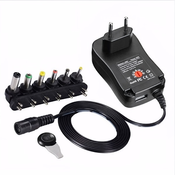 Universell Strömförsörjning för Elektronik, Säker AC DC Adapter med Multispänningsval, Kompatibel med 3V till 12V Enheter, Stödjer 12V 2A Ström,