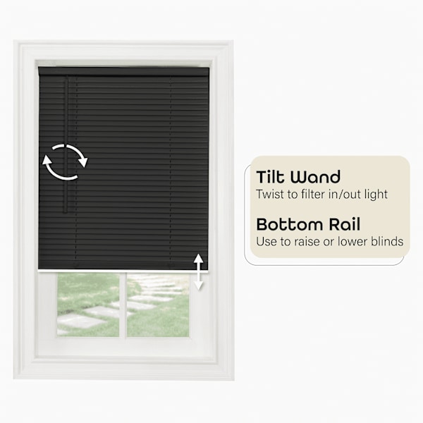 Sladdlös svart vinyl mini-persienn för inomhusbruk med ljusfiltrering, 162,5 cm L x 78,7 cm B