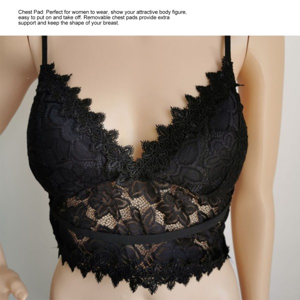 Andningsbar mesh broderad spets bralette kvinnor elegant triangel kupa vadderad trådlös bh för fest svart L byst 30,7in