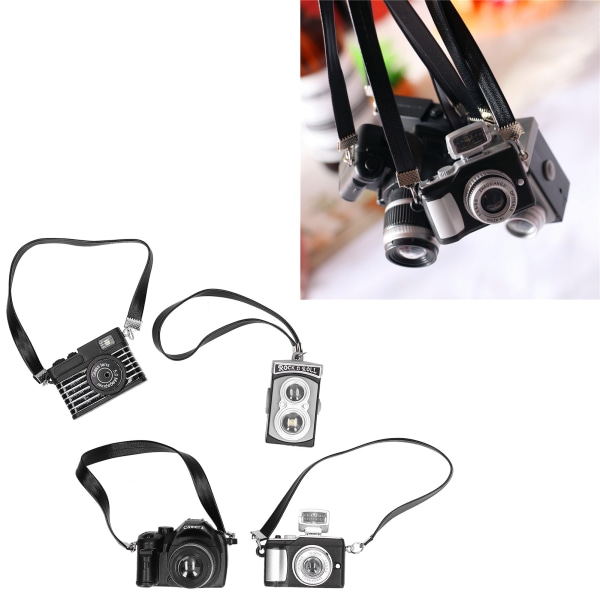 4pcs Mini Dollhouse Camera Ornament Miniature Dollhouse Decoration SLR Camera with Lanyard