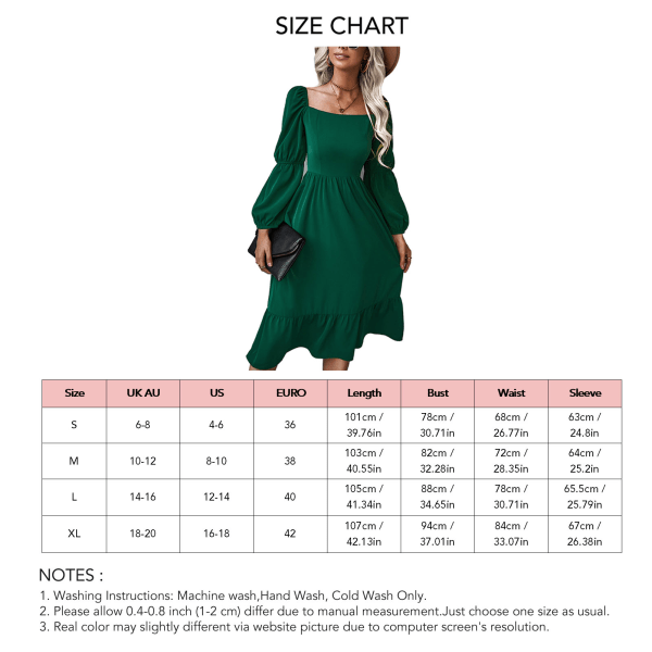Kvinners lanterne ermer kjole firkantet hals elastisk rygg volang søm ren farge A-linje casual flytende kjole grønn XL