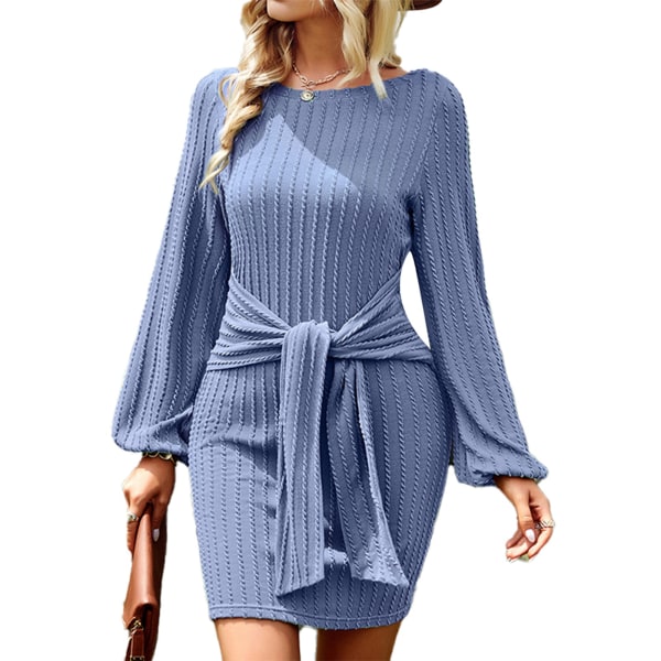 Women Dress Round Neck Racking Pattern Elegant Medium Length Waist Strap Long Sleeve Hip Wrap Dress for Dating Blue XL