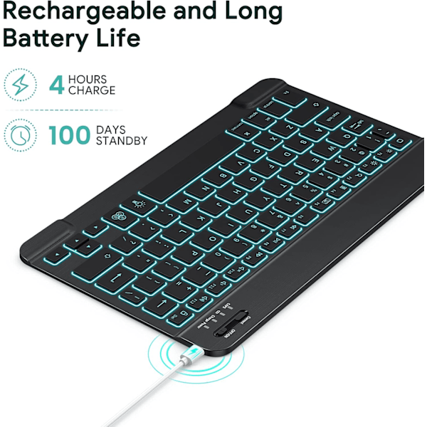 Kompakt Bakgrundsbelyst Bluetooth-tangentbord, Korskompatibelt Ultra Slim Portabelt Trådlöst Tangentbord för iOS, Android, Windows-enheter, 7-Färgs LED-Bakgrundsbelysning