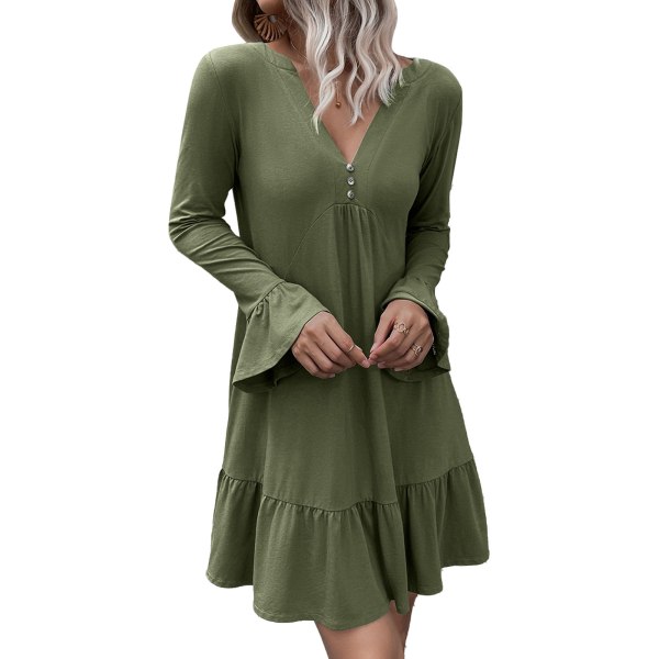 Women V Neck Dress Ruffle Pure Color Dress Stylish Button Front Long Sleeves Dress OD Green XL