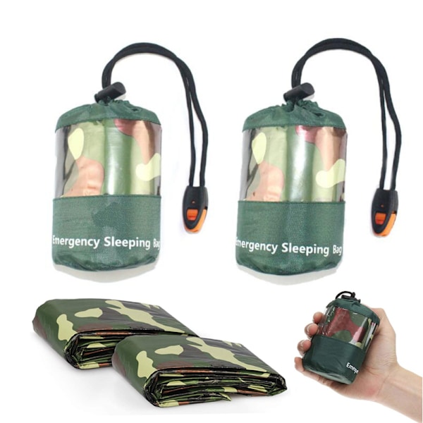 Bärbar Nödfilt, Multicam/Woodland Termisk Bivy Sack, Vindtäta Överlevnadssovsäckar för Utomhuscamping, Jakt, 2-delars Set