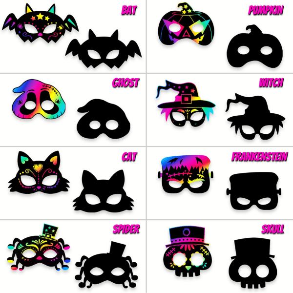 8 set Halloween Scratch Mask Art Rainbow Scratch Paper Animal Face Masks Toys Art Kit Halloween Kids Crafts