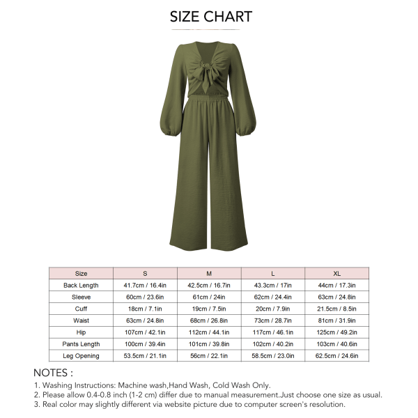 Kvinners 2-delte antrekk V-hals knyting foran lang puff erme topp elastisk høy midje vide ben bukser for arbeid ferie hærgrønn XL