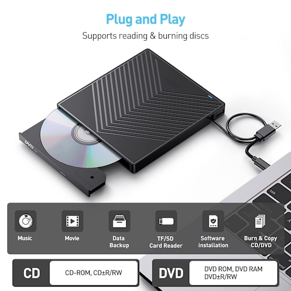Portabel Mediahubb, Ultraslim Design Optisk Drivenhet Extern CD/DVD-enhet USB 3.0-teknik Plug and Play, Höghastighetsdataöverföring för