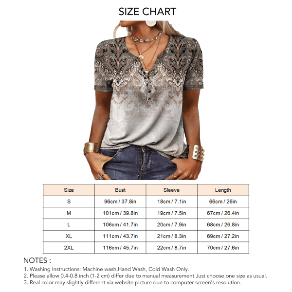 Women Summer Button Collar T Shirt Short Sleeve Printed Casual Loose Fitting Pullover Top Khaki XL