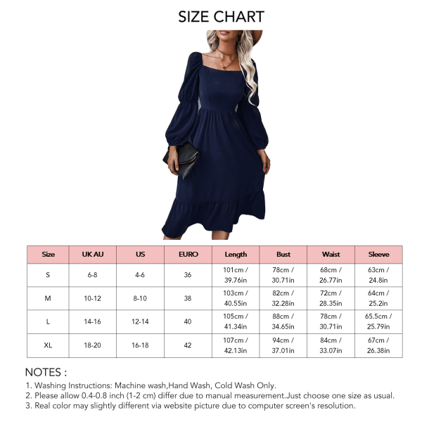 Kvinners lanterne ermer kjole firkantet hals elastisk rygg volang søm ren farge A-linje casual flytende kjole marineblå M