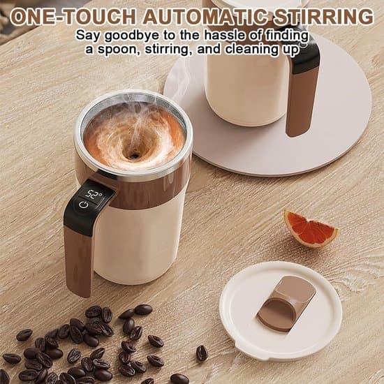 Automatic Coffee Stirrer - 400 ml, with Temperature Display - Mug - Automatic Stirrer with Lid - Stainless Steel - Suitable for Coffee and Other Beverages