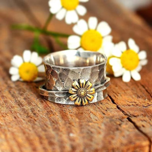 Daisy Sølv Roterende Ring Floral Gravert Ring Stilige smykker