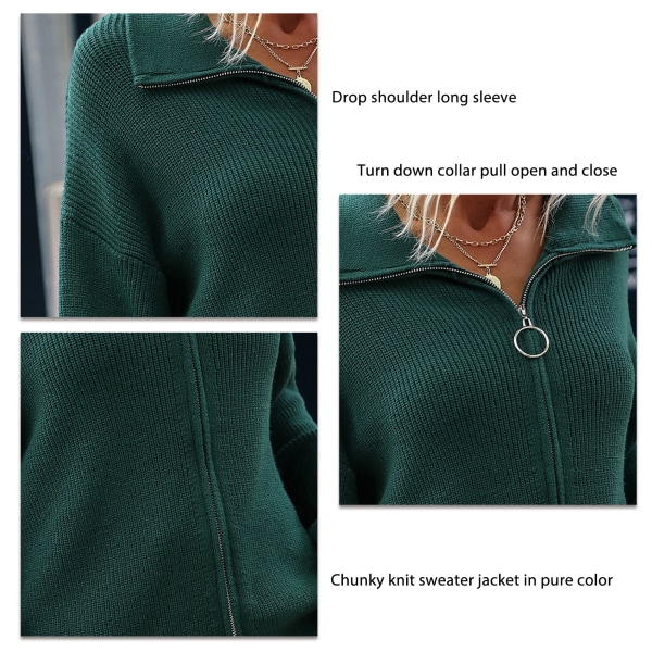 Strikket genserjakke med nedbrettkrage, ensfarget glidelås med fallende skuldre, strikket genser for kvinner til dating, mørkegrønn, L