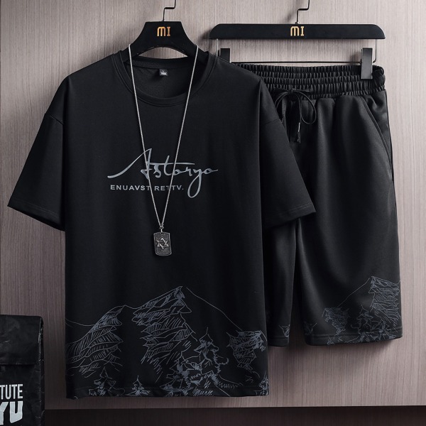 Men Clothing Set Breathable Fashionable Print Large Size Summer Men Shorts Set for Adults Black 3XL