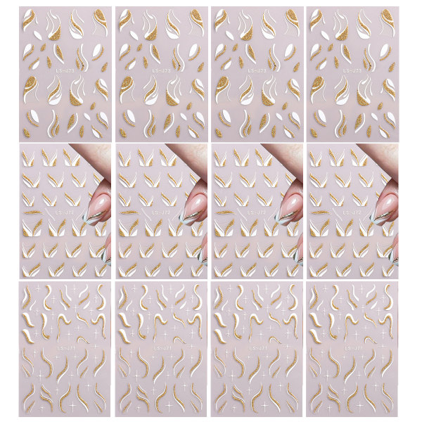 12 ark fransk skinnende linje Nail Art klistremerker dekaler gull metall