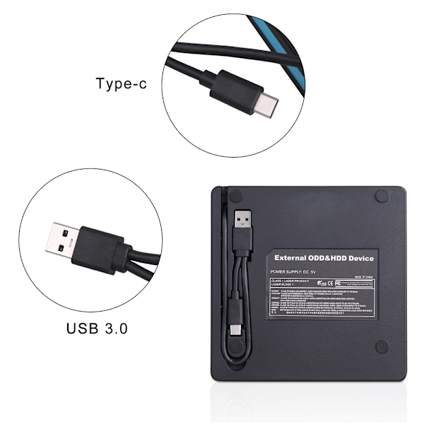 Extern Blu Ray Cd Dvd-enhet, 5-i-1-enhet för Mac Os Windows10/8/7 Linux, Portabel för organisering, Bred kompatibilitet, Plug and Play, Eftermarknad