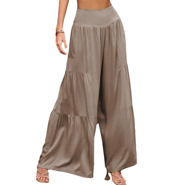 Women Wide Leg Pants High Waist Solid Color Loose Fit Causal Trousers for Daily Wear Yoga Khaki L