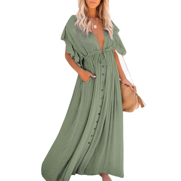 Women Swimsuit Cover Ups V Neck Button Down Waist Drawstring Ruffled Sleeve Women Beach Dress for Party Outdoor Light Green Free Size