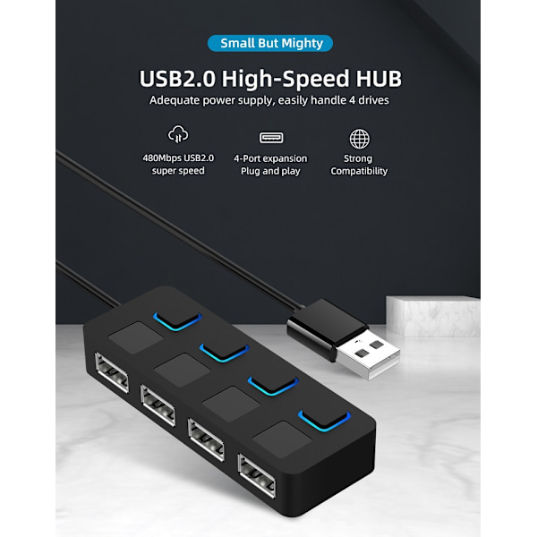 Kompakt Design 4-Portars USB 2.0 Hub För Enkel Installation, Med Individuell Strömbrytare, Plug and Play-Funktioner, Och Kompatibilitet Med Mac & PC