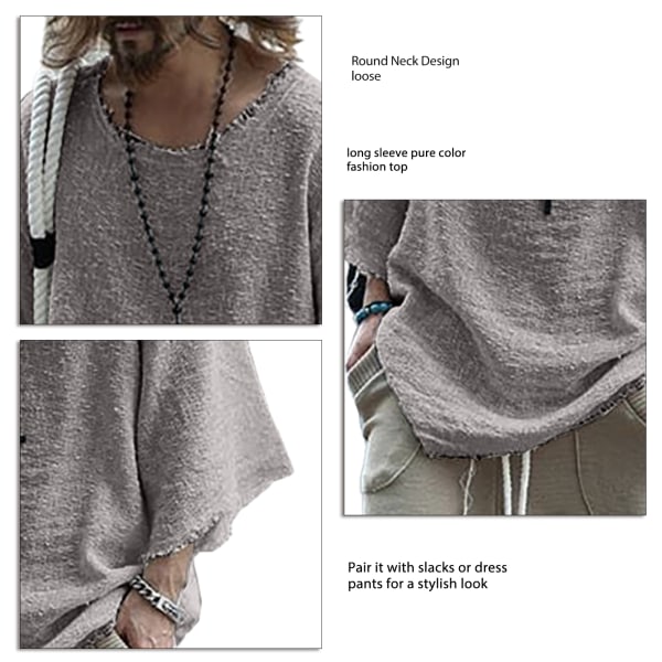 Løs Top Langærmet Ren Farve Rund Hals Casual Komfortabel Polyester Fiber Mænd Pullover Top til Udendørs Indendørs Lysegrå 3XL