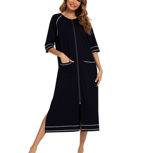 Half Sleeve Nightgown Stylish Pregnant Woman Loose Casual Pocket Zipper Front Nightshirt Sleepwear Black XL