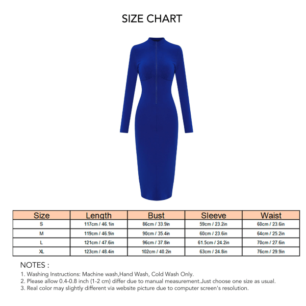 Dragkedja fram Långärmad Bodycon Klänning Enfärgad Dragsko Baklös Rundhalsad Klänning Kvinnor Royalblue XL