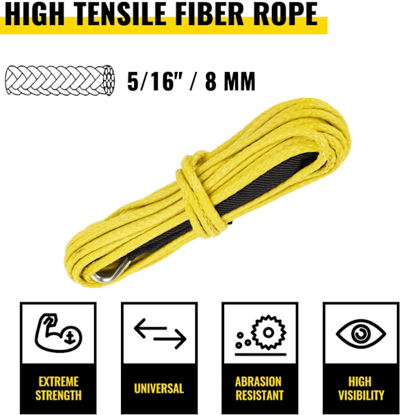 15M Syntetisk Tau 3500KG Vinsjkabel Nylon Erstatning for Smittybilt SUV Lastebil ATV UTV Gul