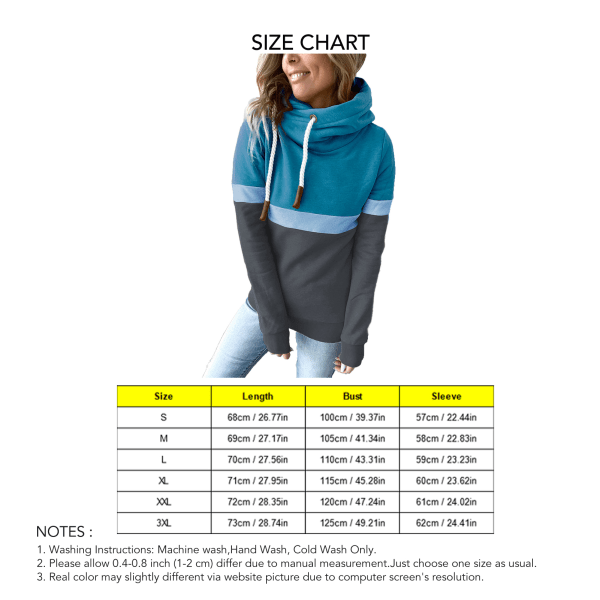 Women Hoodies Pure Color Block Turtleneck Hoodie Ladies Casual Hoodie for Autumn Winter Lake Blue and Dark Grey XXL