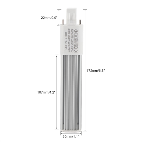 6W 2-stifts LED kompaktlampa horisontell infälld rörljuslampa belysningsarmaturer GX23 kall vit