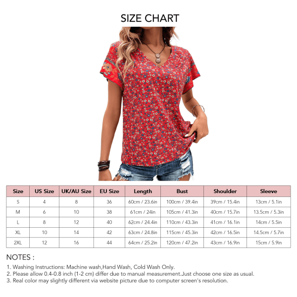 Damer Sommer Top Casual Løs Kort Ruffle Ærme Blomster Print V-hals T-shirt til Kvinde Rød L