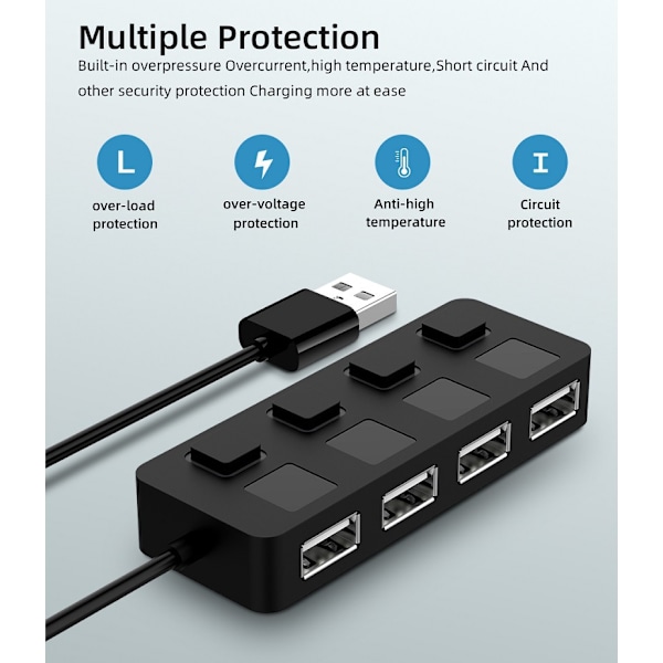 Kompakt Design 4-Portars USB 2.0 Hub För Enkel Installation, Med Individuell Strömbrytare, Plug and Play-Funktioner, Och Kompatibilitet Med Mac & PC