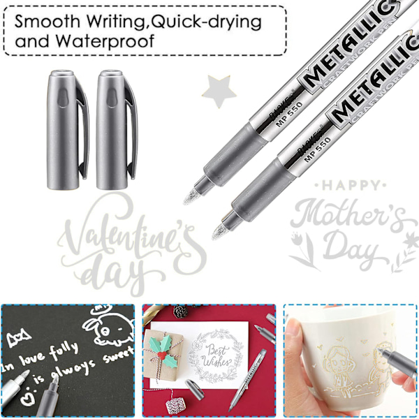 Illustrationsmarkörer för konstnärer, 4 st Silver Metallic med permanent metallisk finish, snabbtorkande vattenbaserat bläck för hantverk, presentkortstillverkning,