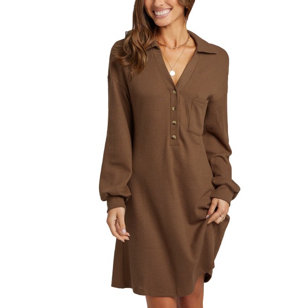 Women V Neck Dress Sweater Dress Relaxed Loose Hem Threaded Cuffs Long Sleeve Dress for Daily Life Working Khaki S