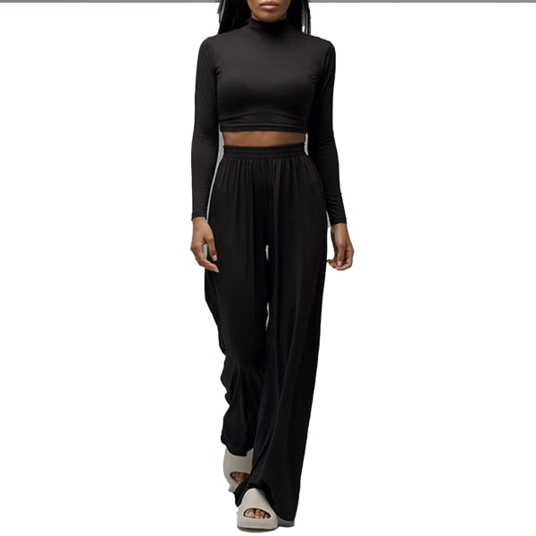 Womens 2 Piece Outfits Fashionable Casual Pure Colour High Waist Long Sleeve Crop Top Wide Leg Pants Black M