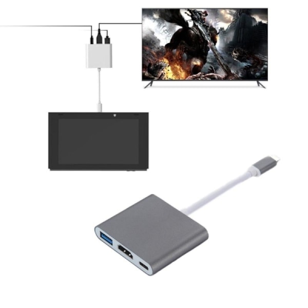 Mångsidig 4K UHD-adapter, USB C-hubb för hemmabiounderhållning: Plug and Play multiportadapter med HDMI-utgång, 100 W PD snabbladdning, USB 3.0