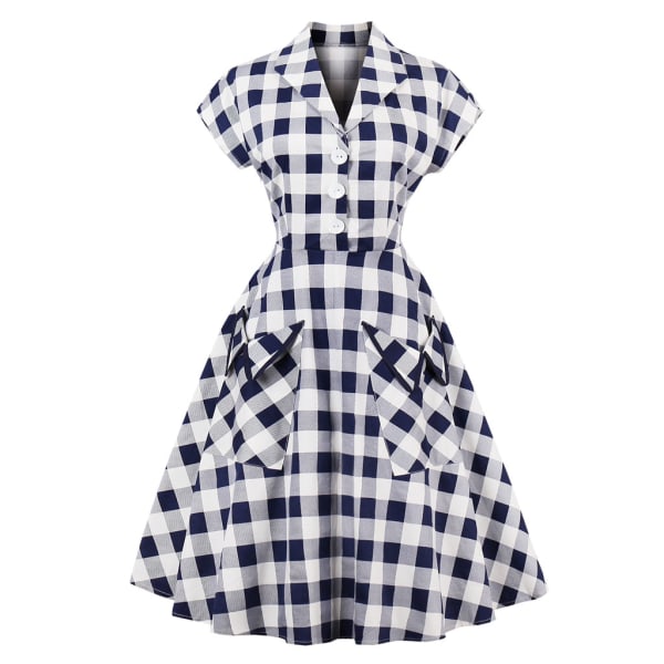 Women Classic Blue White Gray Plaid Pattern Turn down Collar V neck Flared Dress (M)