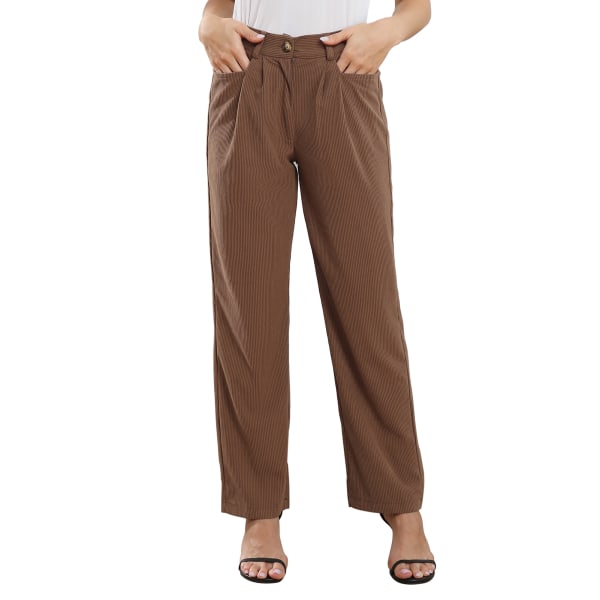 Women High Waisted Pants Loose Casual Elegant Pure Color Button Zip Closure Pleated Pants with Pocket Dark Coffee M