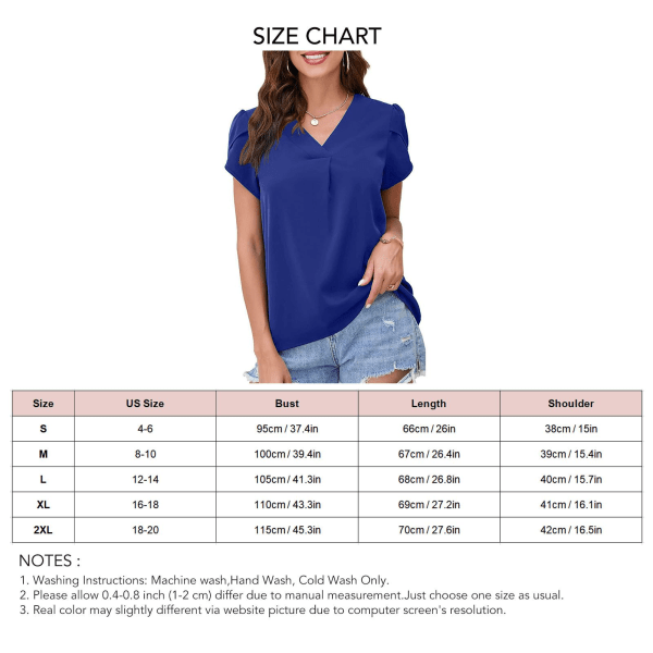 Kvinnor Casual Lösa Blusar Kronblad Korta Ärmar Split V-Ringning Ren Färg Sommar Toppar Blå S