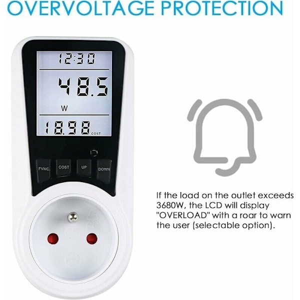 Energiförbrukningsmätare, Hem Energiövervakare med Strömmätarplugg, Spänning Ampere Kostnadskalkylator & Överbelastningsskydd, Data Minnesfunktion,