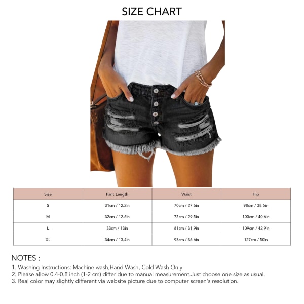 Denim Shorts Åndbar Fashionabel Casual Straight Breasted Kvast Distressed Denim Shorts til Kvinder Sommer Sort L