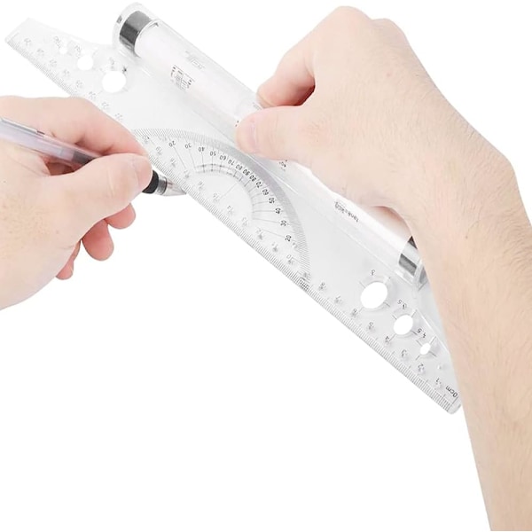 Mångsidigt ritverktyg, multifunktionell linjal för exakt ritdesign, transparent plastgradskiva för bågkurvor, horisontella och vertikala linjer