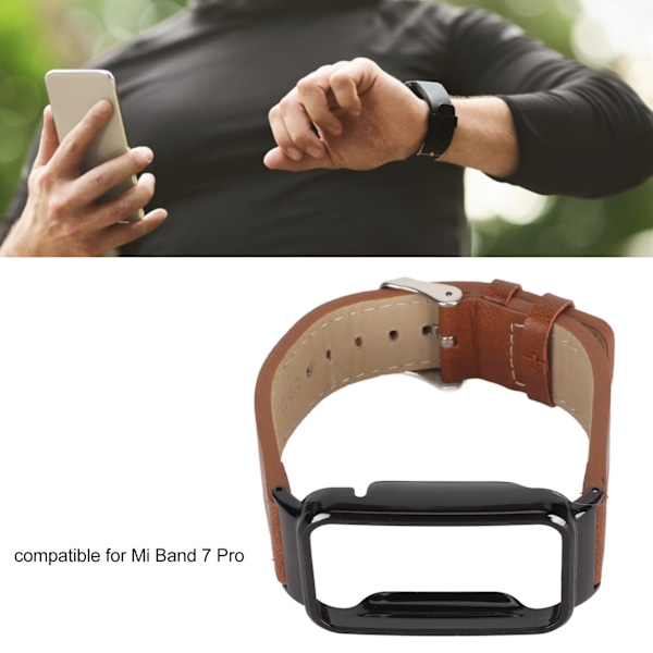 PU Læder Rem til Ur Vandtæt Udskiftning Rem med Sort Rustfrit Stål Etui til Mi Band 7 Pro Brun