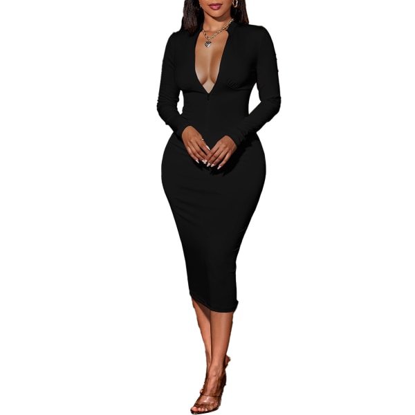 Zip Front Long Sleeve Bodycon Dress Solid Color Drawstring Backless Round Neck Women Dress Black S
