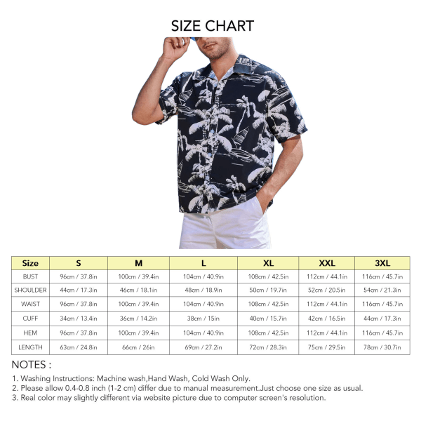 Kortärmad herrskjorta Hawaiian Coconut printed Tropical Beach Button Front Vintage Turn Down Collar Shirt Svart L