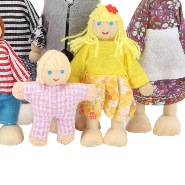 Trähusdocka Familj Söt Simulering 7 Dockor Familj Låtsaslek Figurer för 1:12 Dockhus