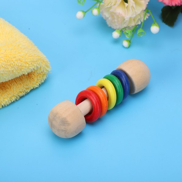 Wooden Rattle Colorful Rings Grasp Training Color Perception Baby Educational ToyFive Rings