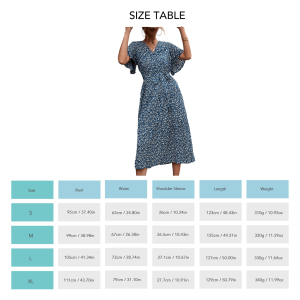 Women Wrap V Neck Dress Short Sleeve Waist Belted Breathable Summer Maxi Dress for Daily Wear Blue Floral S